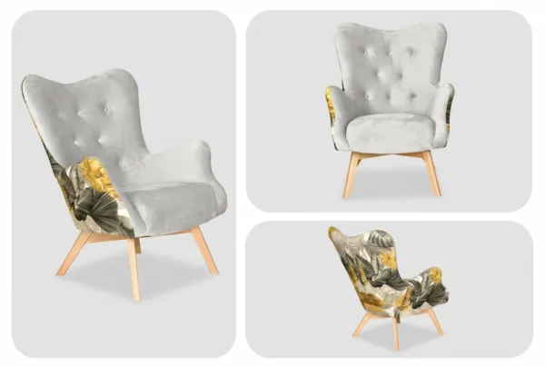Fotele uszaki skandynawskie welur szare palmy Luna Print Duo Family Meble — detale
