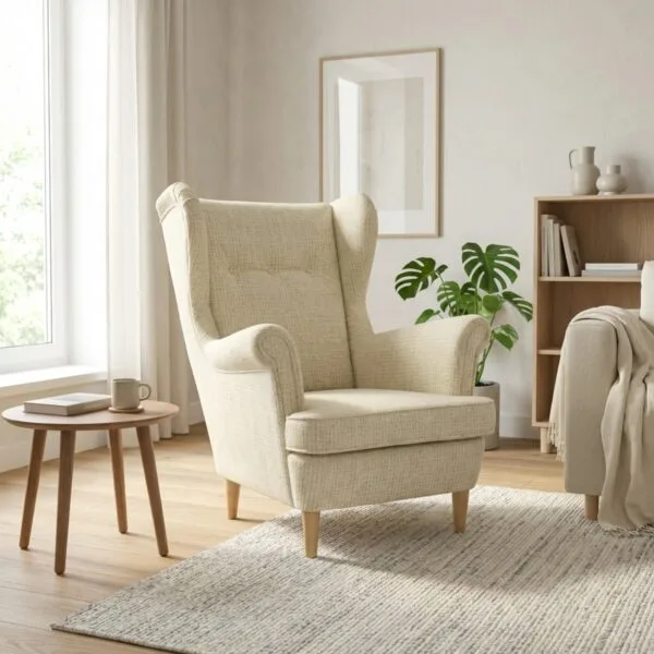 Fotel uszak skandynawski szenil welur premium beż salon Ramona Family Meble — komfort