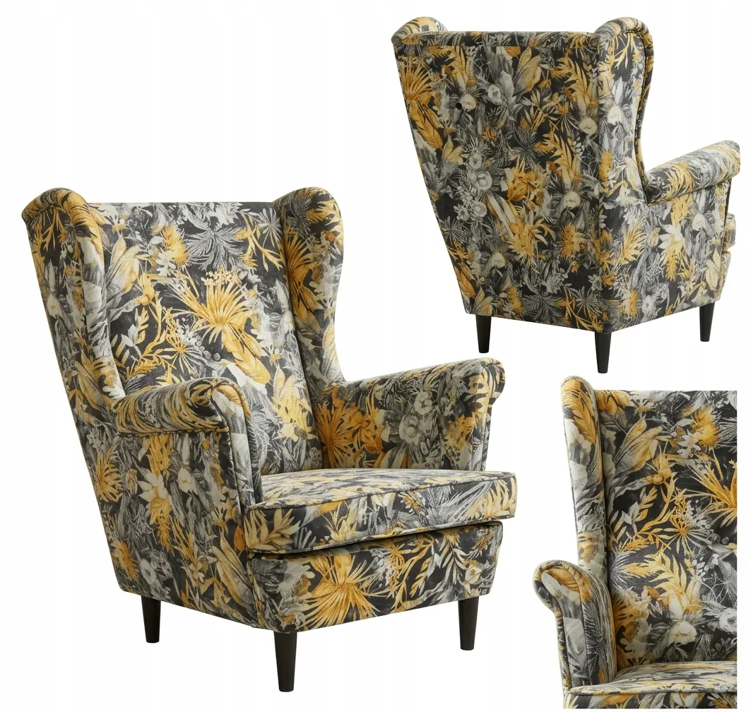 Fotel uszak skandynawski Flowers Print Family Meble — żółty – M 132