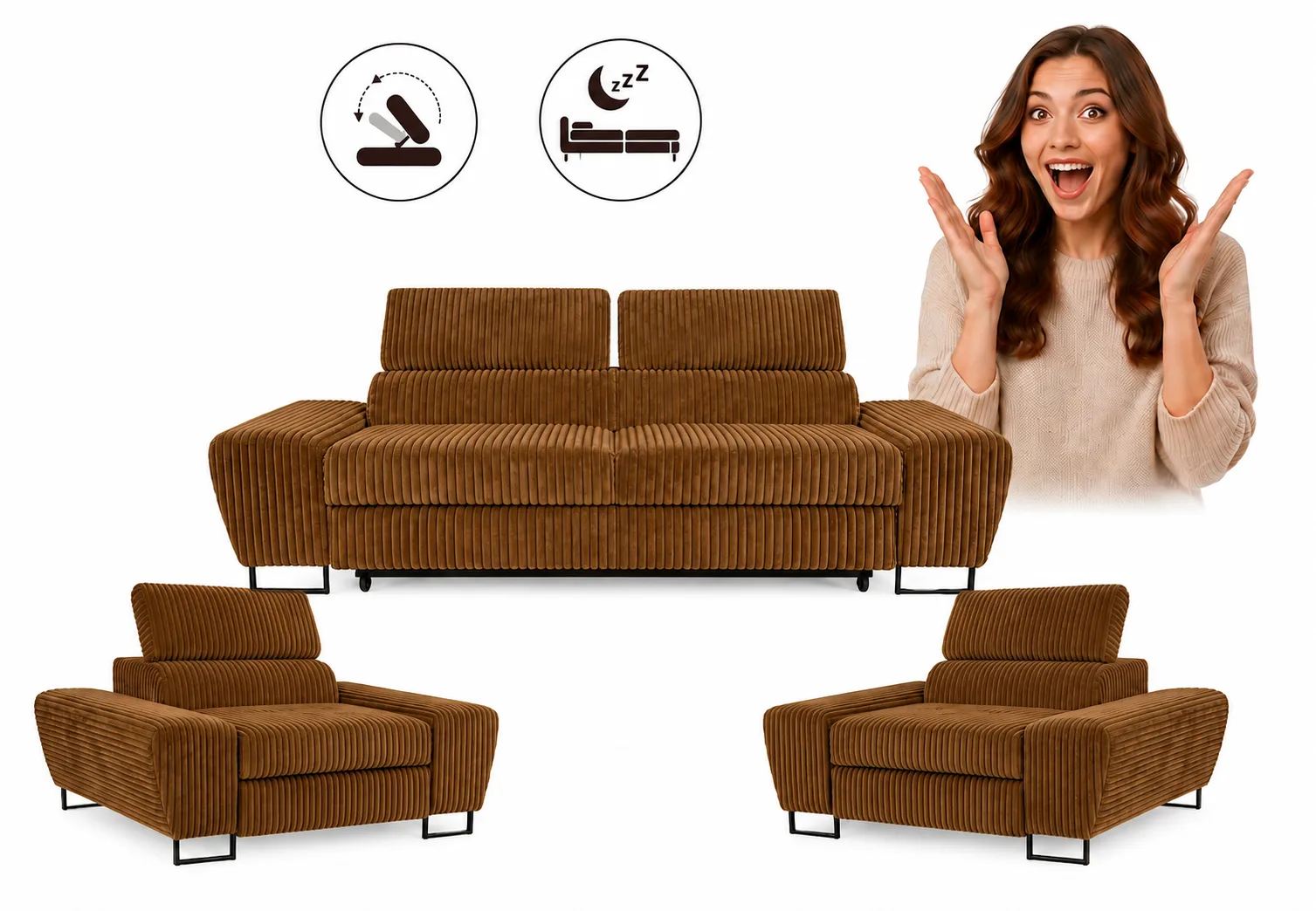 Zestaw wypoczynkowy sofa kanapa fotele czarny sztruks wygodny Savio Family