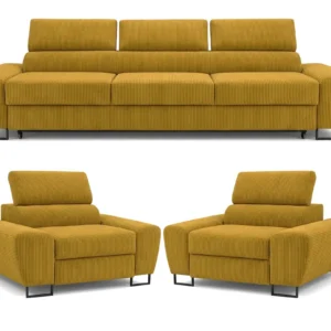 Zestaw wypoczynkowy sofa 3 kanapa fotele zielony khaki sztruks Savio Family - żółty