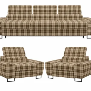 Zestaw wypoczynkowy sofa 3 kanapa fotele szary kratka Savio Family Meble - beżowy