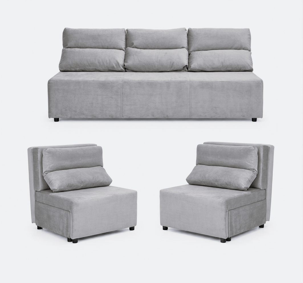 Zestaw wypoczynkowy sofa 3 kanapa fotele pudrowy róż welur wygodny KIMO - szary